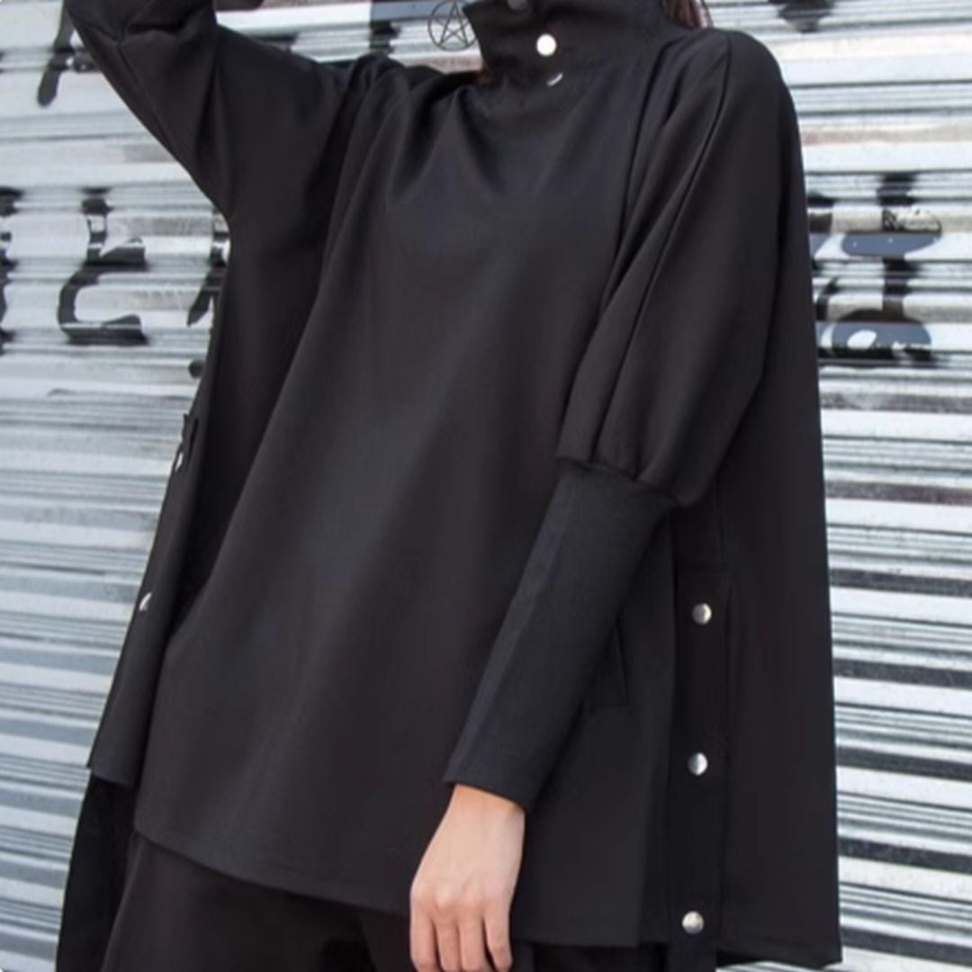 ボタン付きハイネック長袖Aラインプルオーバー PU0275