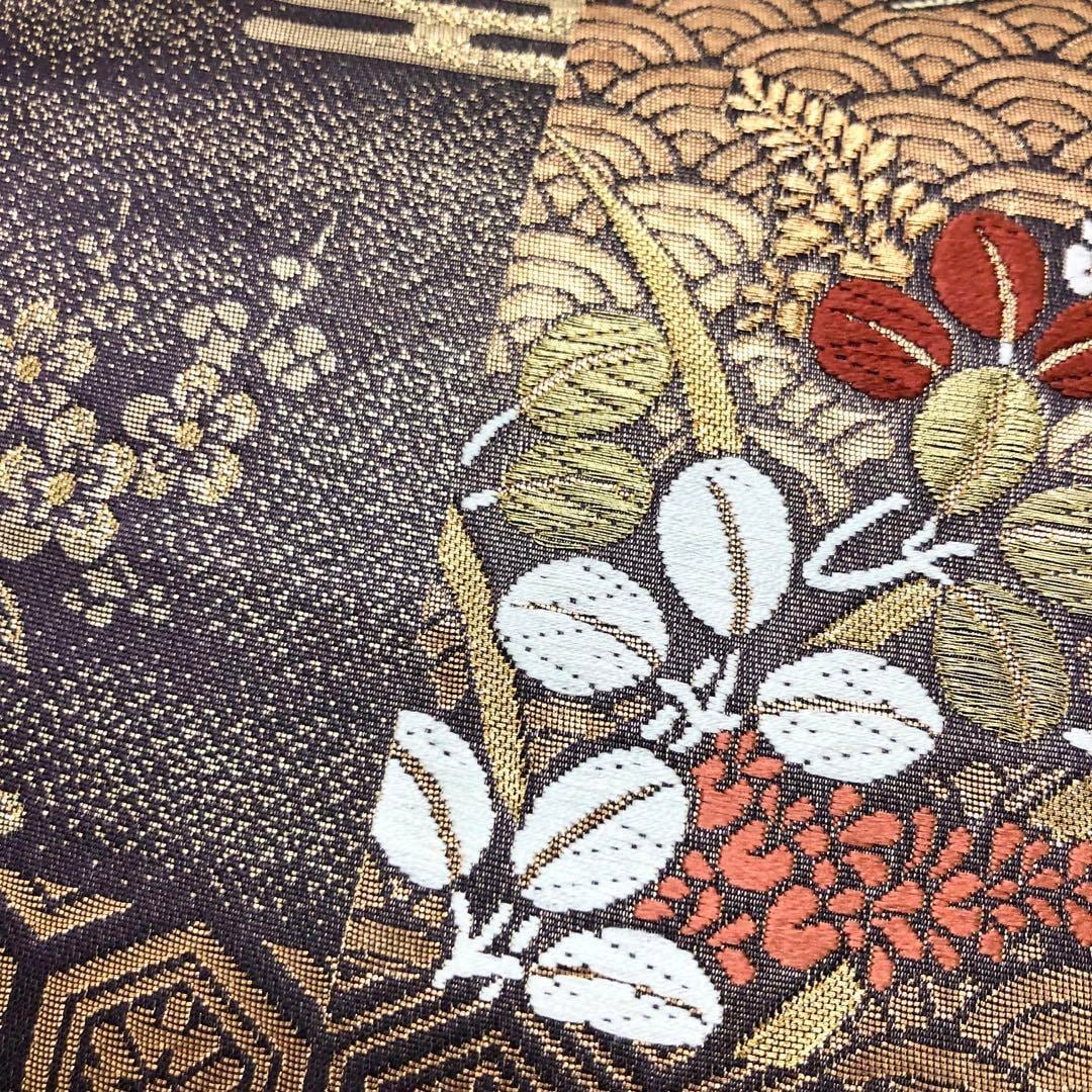 HANAKO 正絹京袋帯　花に鳥柄　唐織　濃いグレー