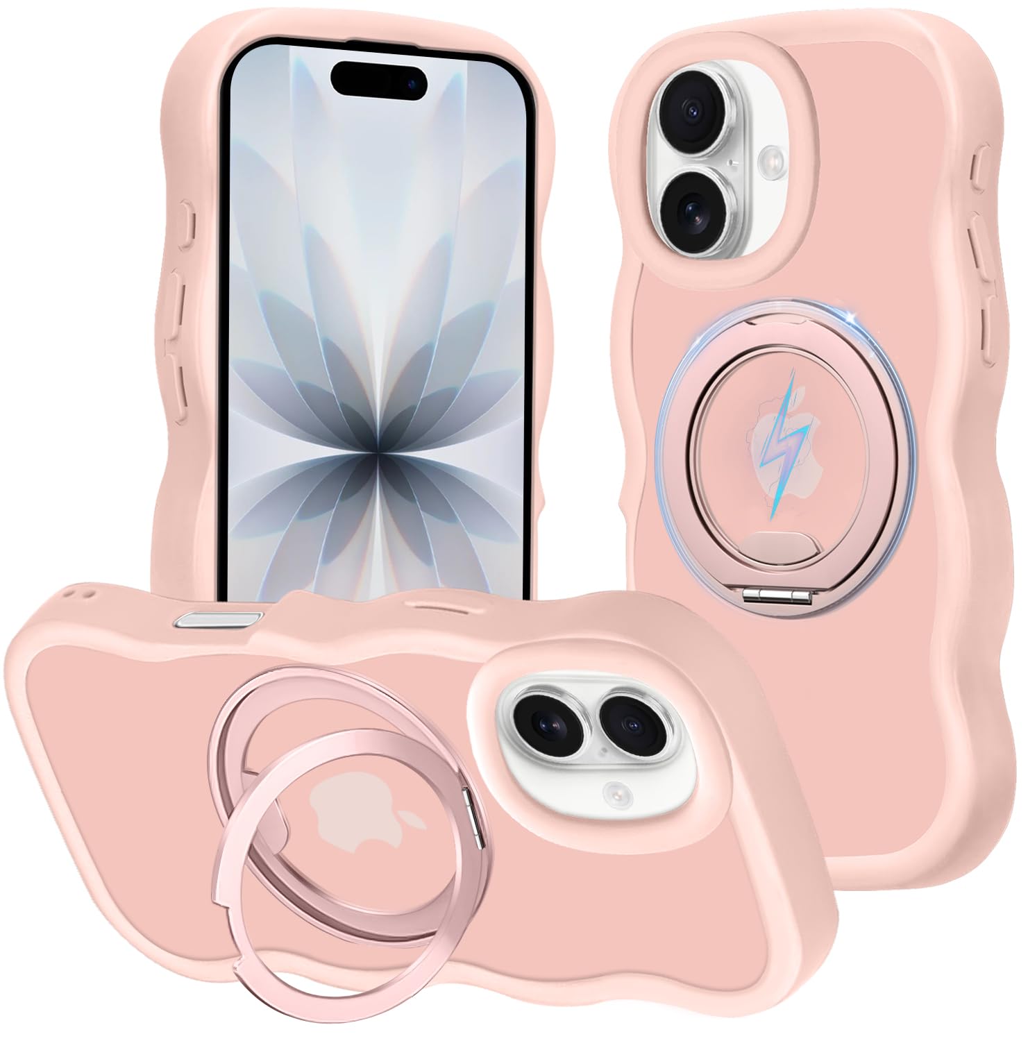ATUSIDUN For iPhone 17 ケース Magsafe対応 リング ワイヤレス充電 いphone17 ケース スタンド 縦横両対応 マグネット搭載 半透明 耐衝撃 PC+TPU アイフォン17 スマホケース 人気 おしゃれ ストラップホール付き 滑り止め マット感 波状 あいふおん17 カバー (ピンク)