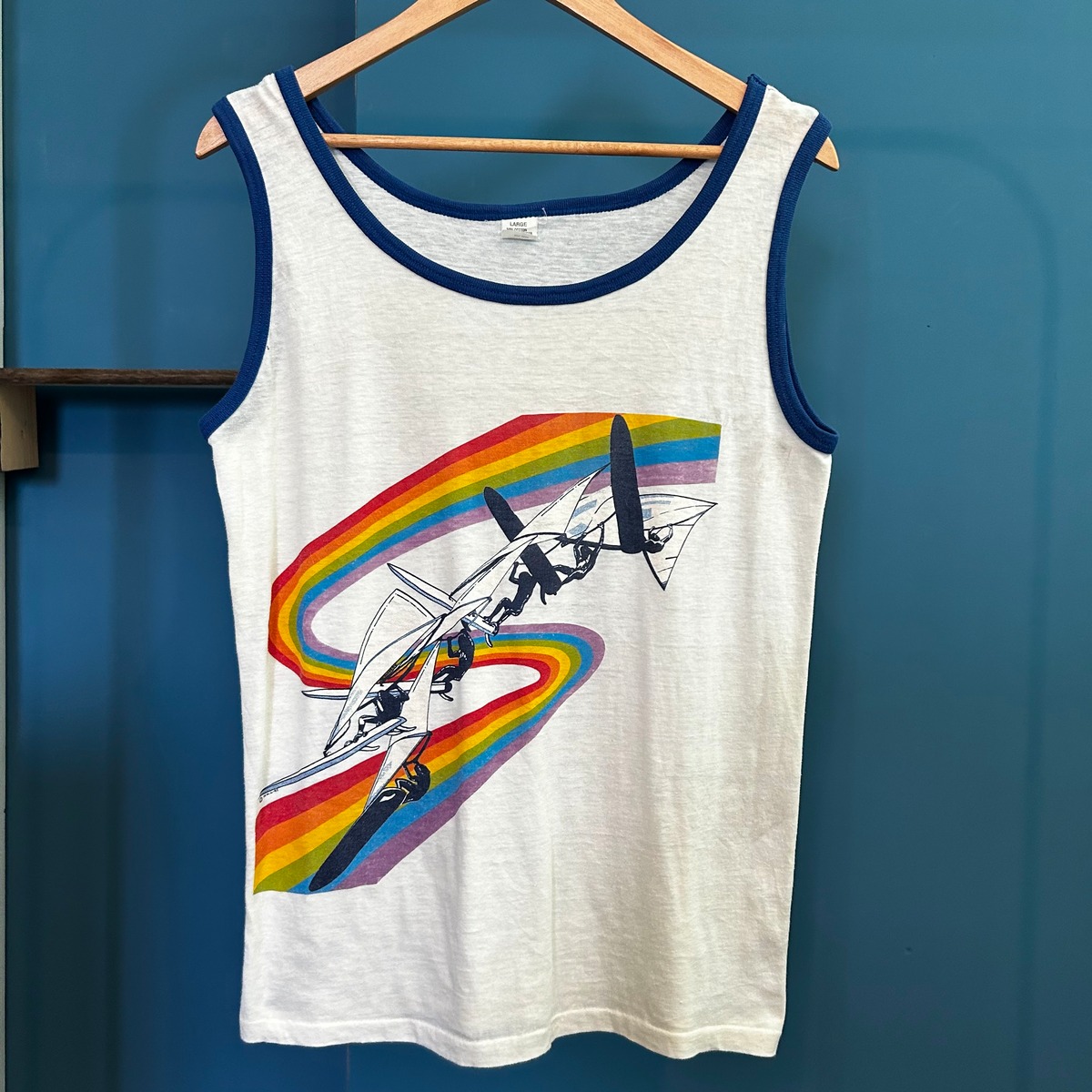 レア80's vintage リンガー タンクトップ 古着 hawaii 80's】タンクトップ リンガー オールドサーフ ホワイト×ネイビー