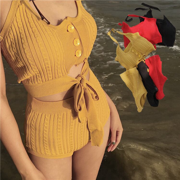 ニット フロントボタン水着 ハイウエスト ホルダーネックビキニ