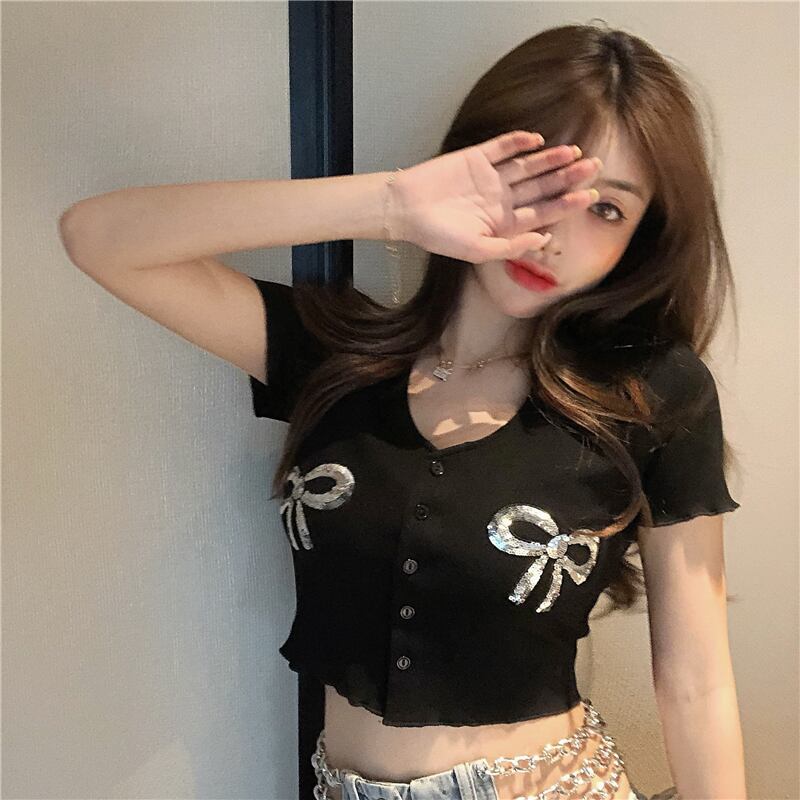 ショートクロップドアイスシルクニットスモールカーディガンレディースサマーシン2020ニュータイトブラック半袖トップス ブラックストロベリース7093814591