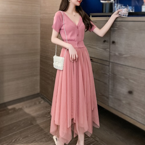 Vネック レース シースルー チュール オーガンジー ヒラヒラ ロング マキシ ワンピース ドレス 8225367