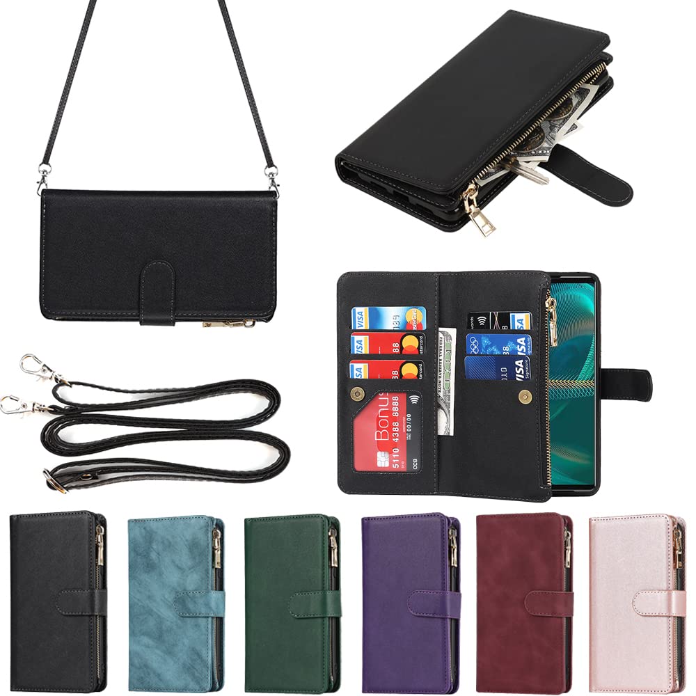 Eastwave for Xperia 5 III ケース for Sony エクスペリア 5iii SO-53B / SOG05 縄掛けケース 手帳型 財布型 ICカード コインポケット ストラップ付き カード 収納 小銭入れ ファスナーポケット付き PUレザー 6色 ブラック