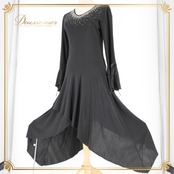 社交ダンス 衣装 スタンダード ドレス ワンピース レッスンウェア パーティドレス オールシーズン 黒 ブラック系 長袖 ラインストーン 無地 華やか おしゃれ 体型カバー フリースタイル シンプル 高級感 フェミニン 楽器の演奏や発表会に最適 キラキラ 伸縮素材 上品 秋冬用 パフォーマンス ゆったり 大人用 アシンメトリー デザイン ステージ衣装 女性用 ドレスコード