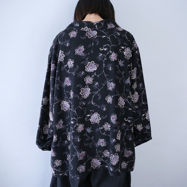 flower art pattern over wide silhouette open collar shirt