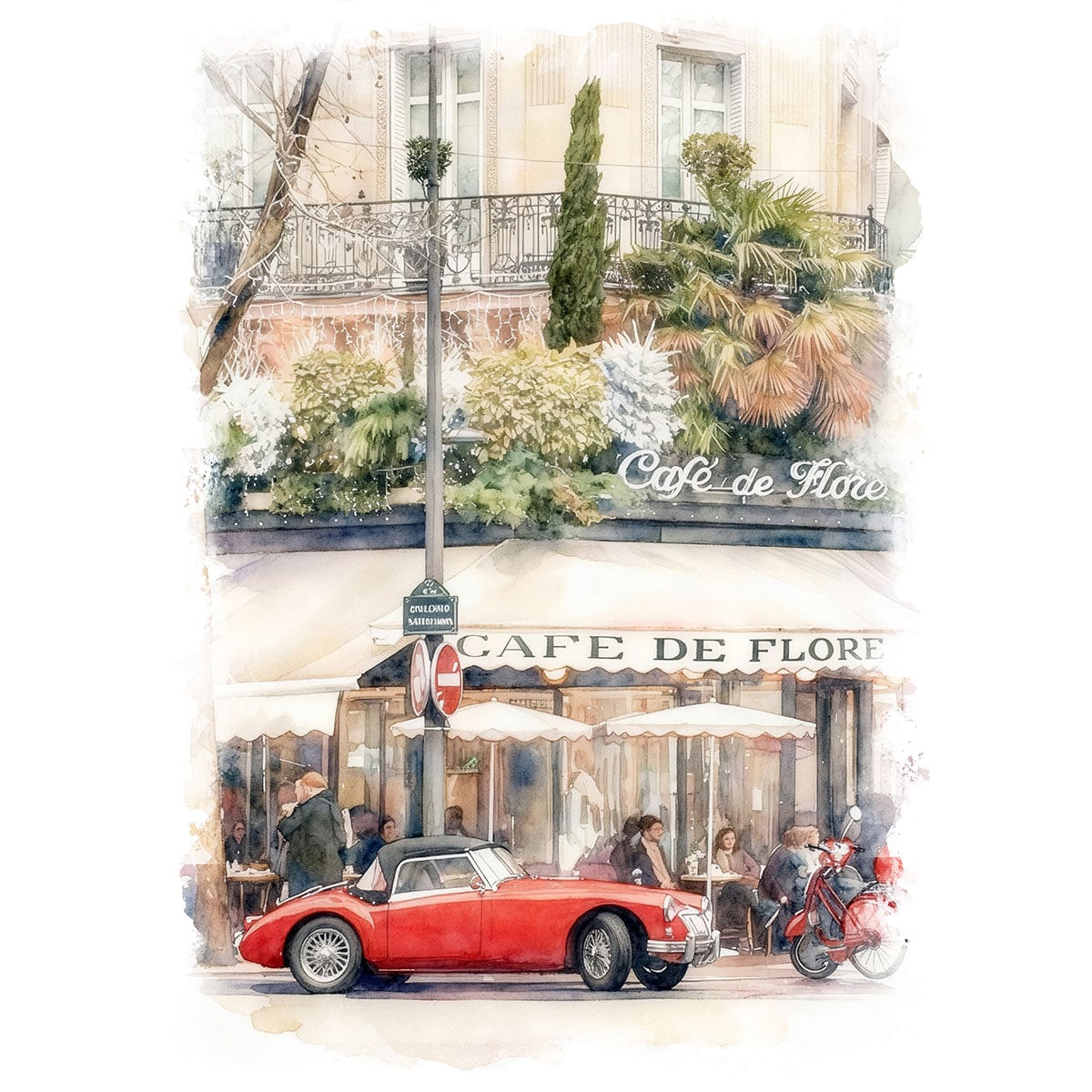 絵画 フランス 風景画(街並み) パリのカフェ インテリアアート額付き 水彩画・油絵調 WAT0291