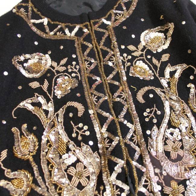 ゴールドスパンコール＆ビーズ刺繍 ブラックカーディガン ウール