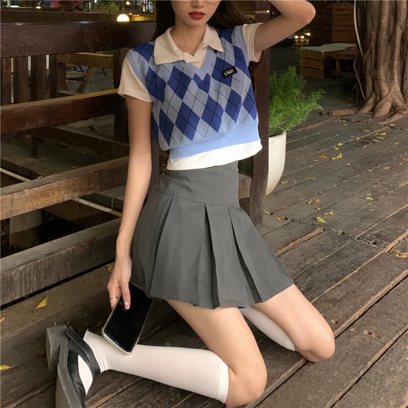 ameri【新品未開封】SWITCHING CHECK KNIT TOP ブルー 【公式通販】