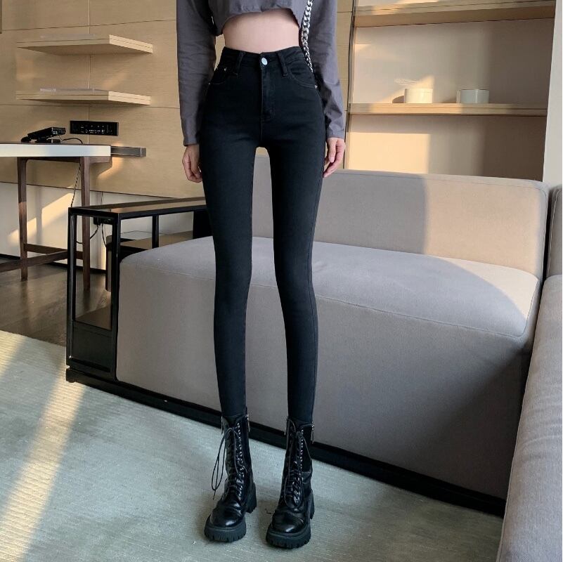 ジーンズ ハイウェスト薄手スプリングオータムブラックスリムフィットパンツ 春物 秋物 ブラックストロベリース59458402807