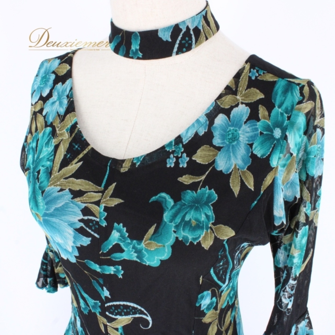 社交ダンス 衣装 スタンダード ドレス ワンピース パーティドレス ブラック系 グリーン系 チョーカー 黒 緑 レース 透け感 シック 準正装 花柄 ファスナー 伸縮性 おしゃれ レディース ダンス衣装 ショートスリーブ フェミニン セクシー 大人用 イベント用 パーティー ドレッシー デザインドレス エレガント