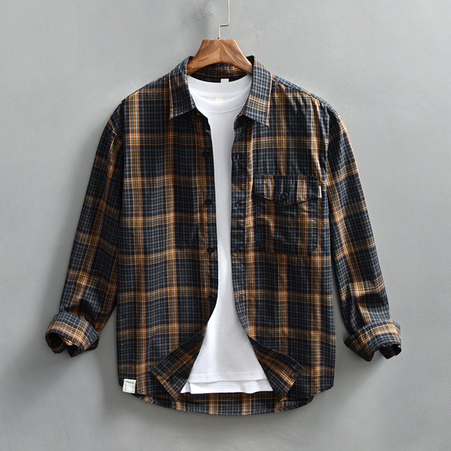 【M-3XL】Dark Check Long Sleeve Shirt / ダーク チェック 長袖 シャツ
