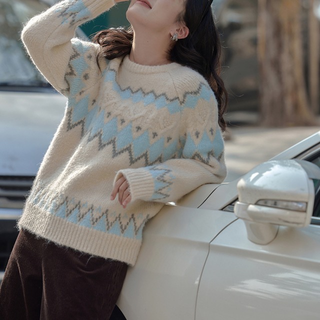 nordic pattern crew neck knit J00012