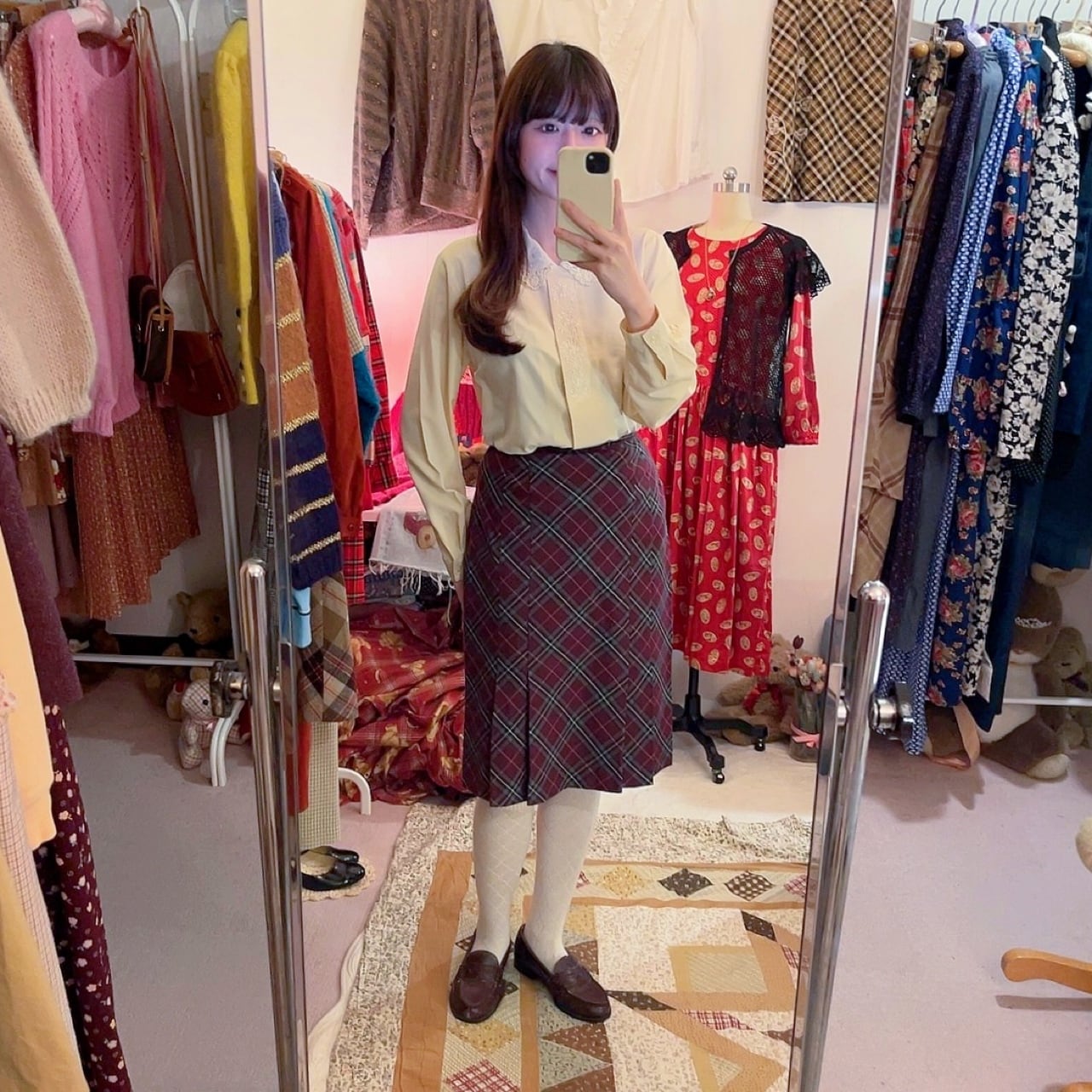 purple gray check tuck skirt