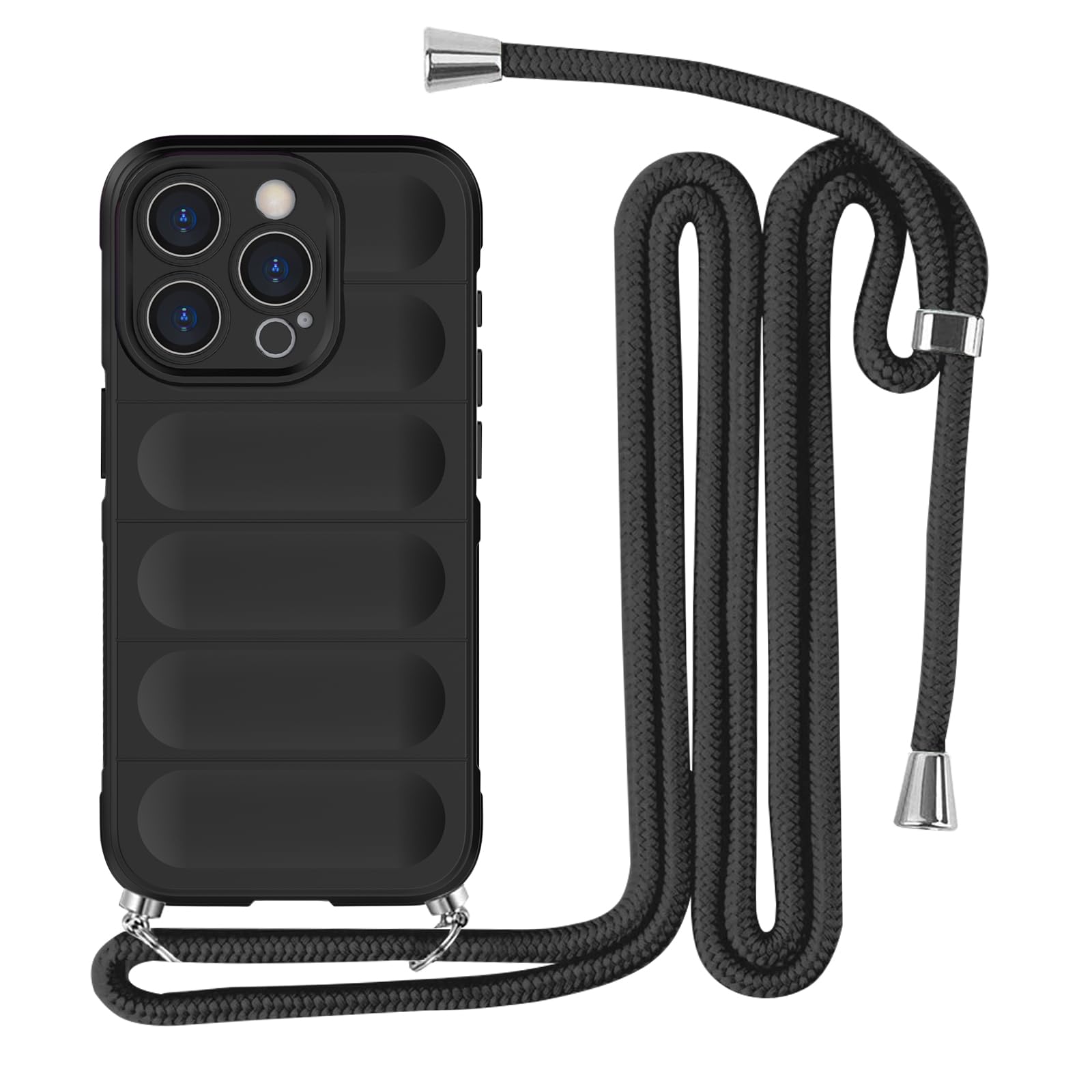 【在庫処分】iPhone 15 Pro 用 ケース ネックストラップ 耐衝撃 肩掛け 斜めかけ 首掛け 縄掛け カバー iPhone 15 Pro スマホケース シリコン TPU ストラップ付き 軽量 長さ調整可能 取り外し可能 指紋防止 落下防止 衝撃吸収 ワイヤレス充電対応 アイフォン 15Pro 用 カバー【縄掛け-ブラック】