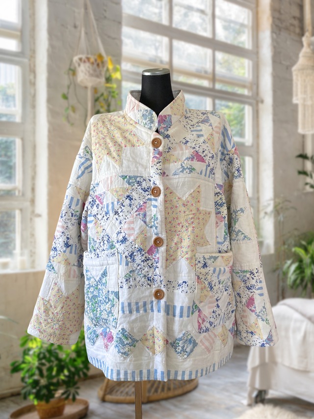 ヴィンテージ リメイク パッチワーク ウッドボタン キルティングジャケット