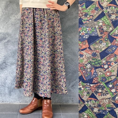 着物リメイクギャザーロングスカート - kimono elastic waist skirt