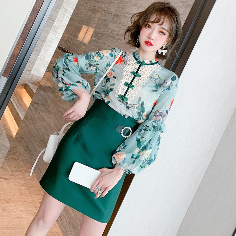 スタンダードバックルカラープリントスリーブシャツ スプリング ランタンスリーブ レトロ 春物 MIUCO6343643062