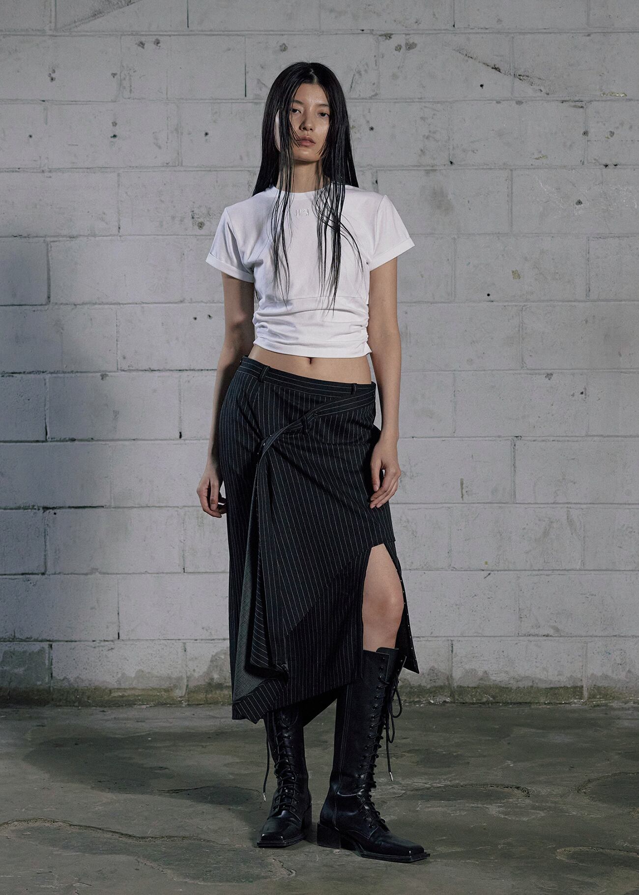 BOHEMIAN SEOUL] UNBALANCED DRAPE SKIRT, STRIPE 正規品 韓国ブランド