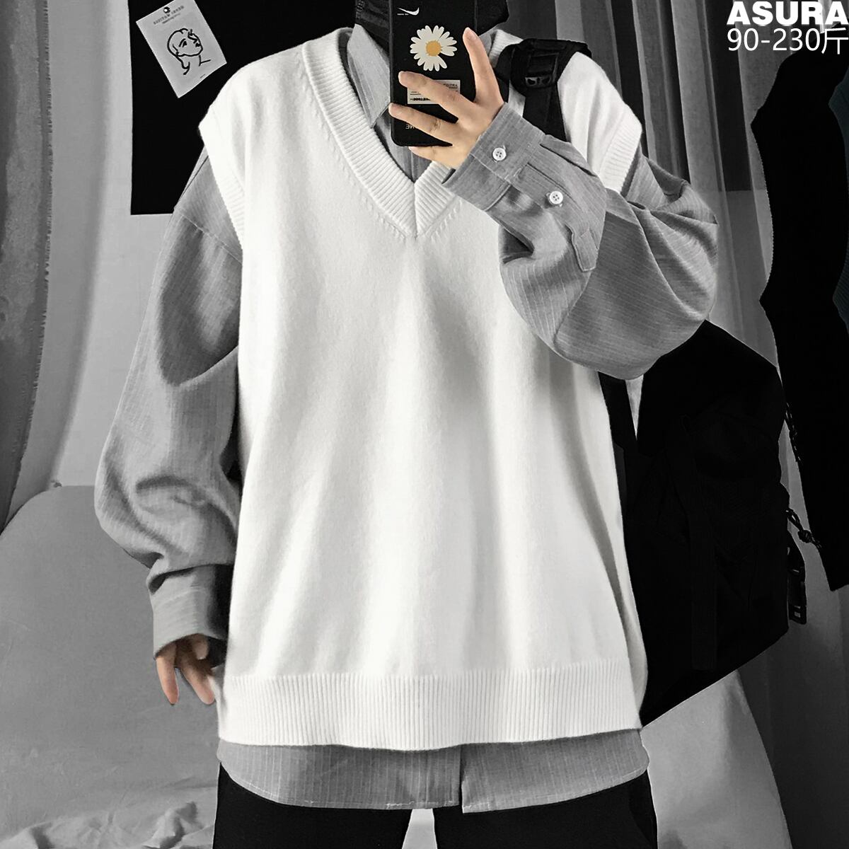 レッドVネックニットセーター ジャケット オータム 大きめサイズ 秋物 ASURAプラスサイズメンズ18515072941