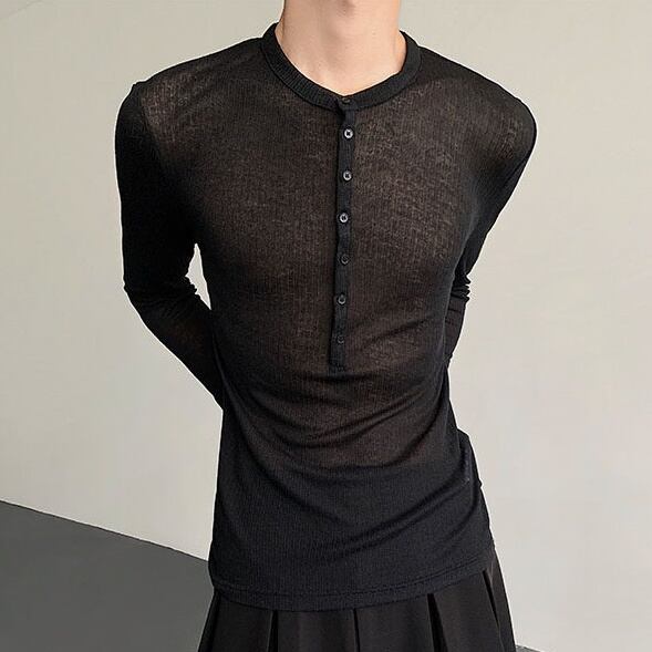 シースルーヘンリーネック前開きニットソー 2color MTO0334