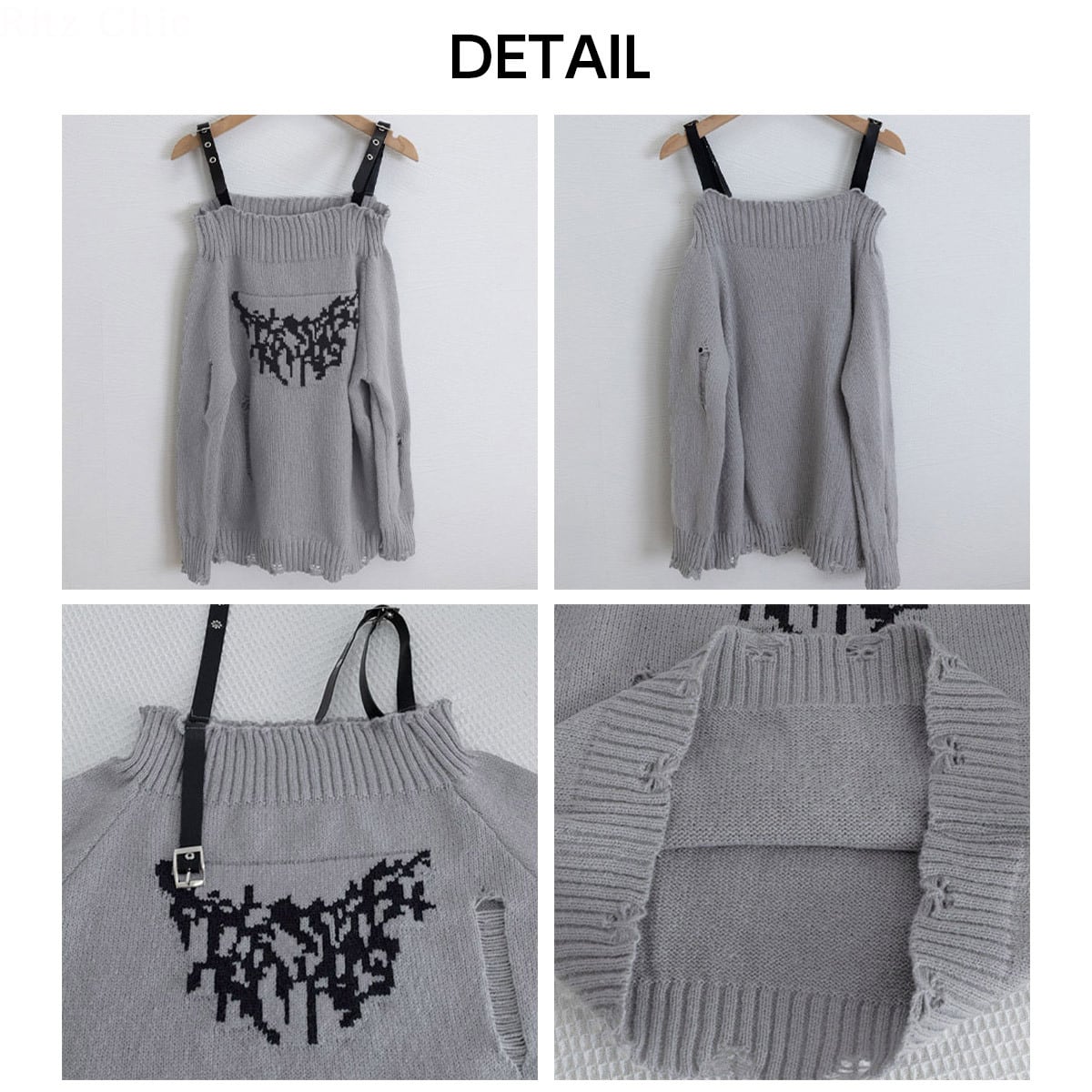 オフショルダー ミニワンピース ニット ダメージ加工 レディース 春秋冬 韓国 ワンピース オフショル ストリート 原宿系 大人 カジュアル レトロ おしゃれ レザーストラップ チュニック ミニワンピ 大人可愛い 大人女子