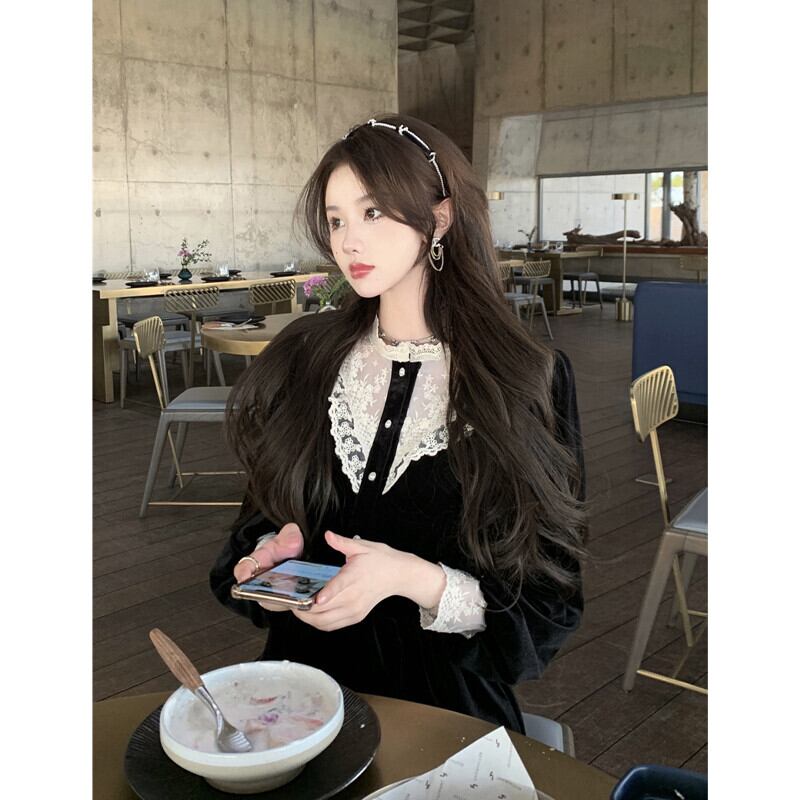 レースドレス オータムウィンタースタイルウェスト薄手スタンダードブラック レトロ 秋物 冬物 ステッチ ガールズファッション28430401466