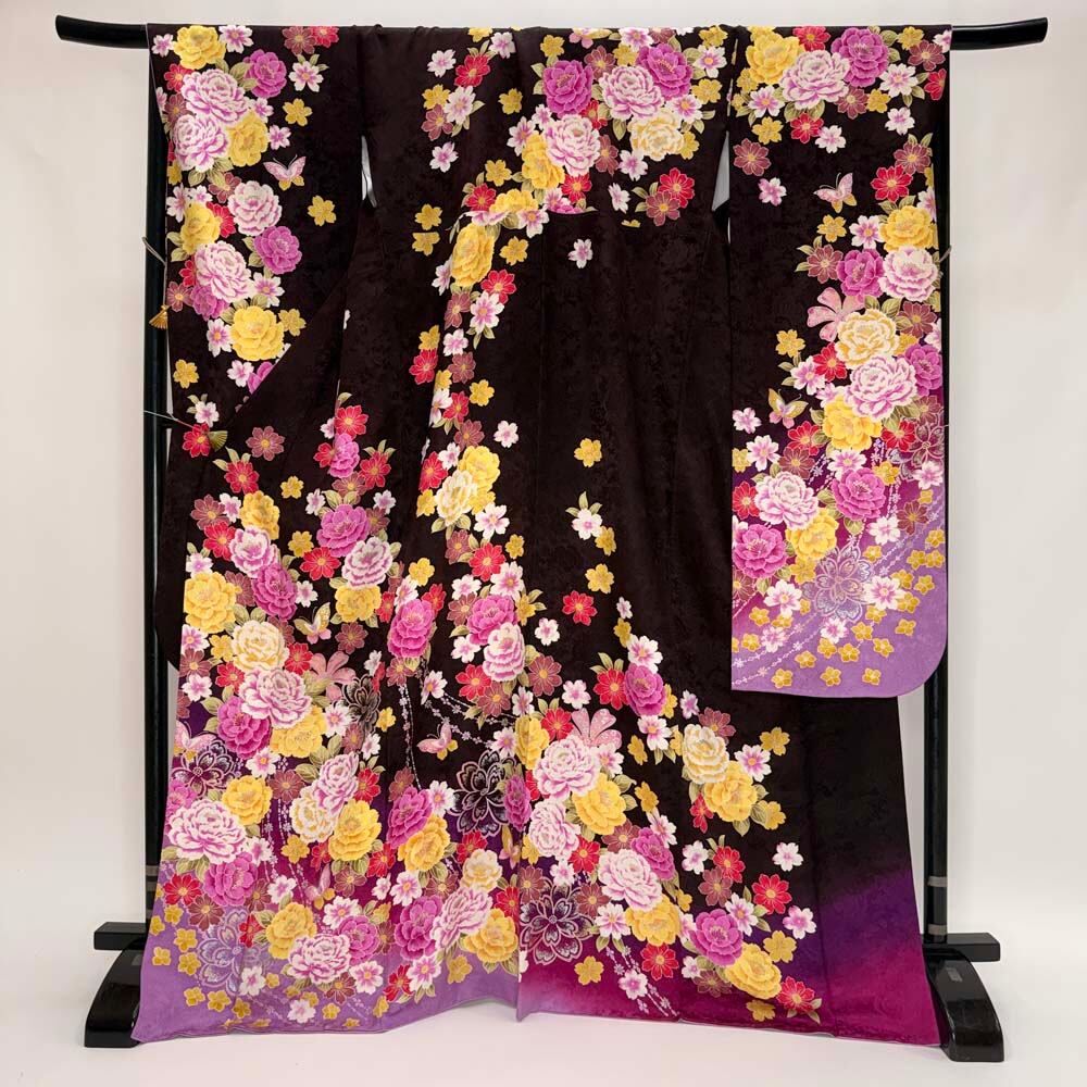 振袖 中古 こげ茶色 ブラウン 正絹 古典 裄69cm 身丈170cm 美品 L サイズ 成人式 6734