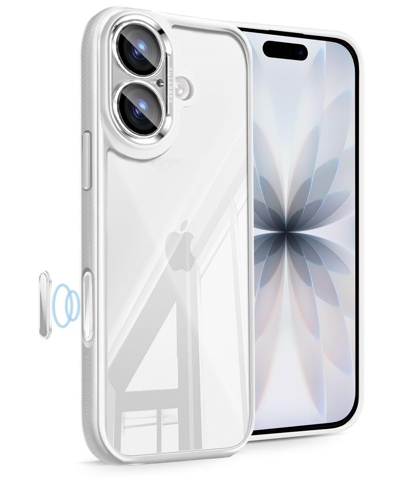 DAMESINE iPhone 17用ケース クリア 薄型 シリコン耐衝撃 軽量 カメラコントロールボタン付き 超透明高硬度アクリル背面 黄ばみ防止 汚れ防止 オシャレな着脱式カメラカバー 高透過率ガラスフィルムレンズ保護 可愛いアイホン17ケース ホワイト