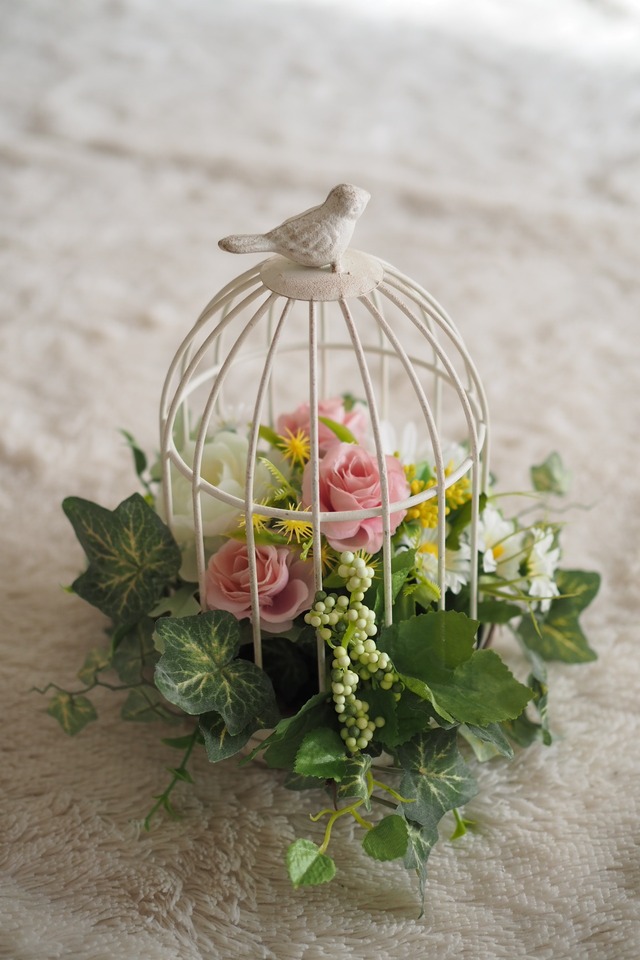 鳥かごアレンジ アーティフィシャルフラワー Peche Fleur エレガントなパリスタイルフラワー フレンチインテリア雑貨