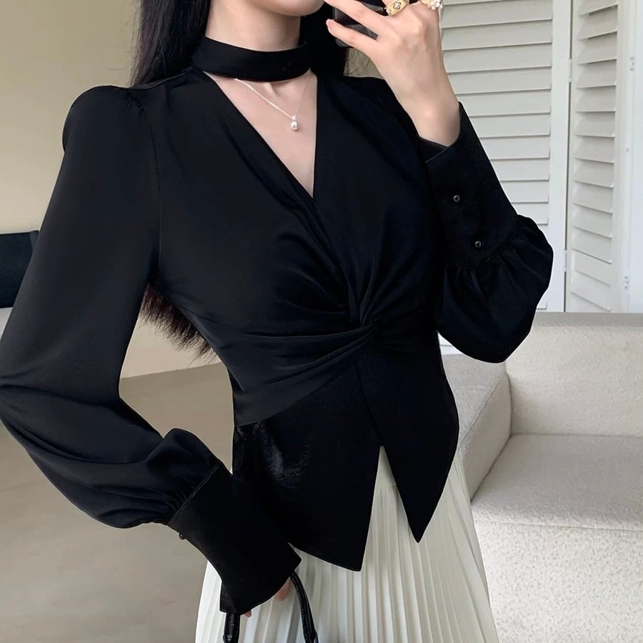 シックで美しいウエストを引き締める 長袖トップス YH8716