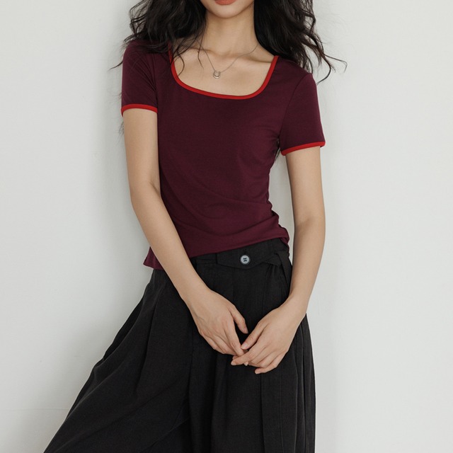 square neck color-block t-shirt L0346