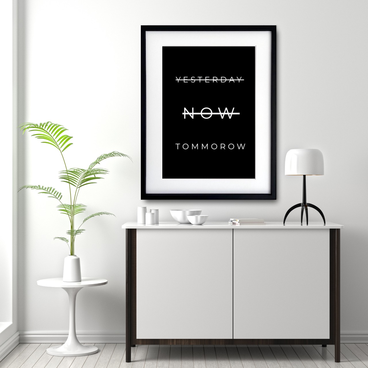 TOMORROWを強調した北欧ミニマルポスター｜シンプル モノクロ テキストアート モチベーション リビング 寝室にもA4ポスター