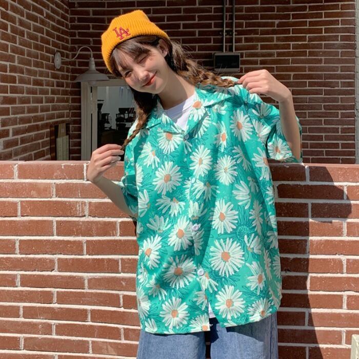 サマースタンダードシャツ Flowerデザイン ルーズカジュアルカラーTシャツ トップス レトロ 夏物 フラワーデザイン ケッペル56859322808