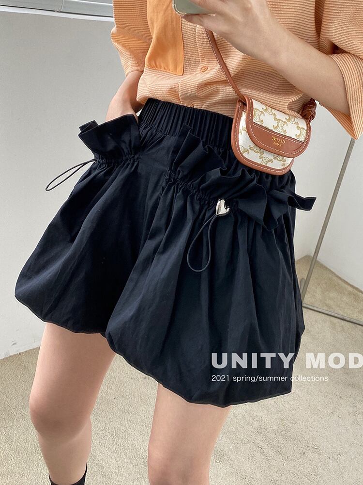 ショーツ サマーギャザーストレッチウェストブラック コットン エラスティック 伸縮 スプリング 春物 夏物 ブルマー ピュア ビッグFスモールZ韓国31268336955