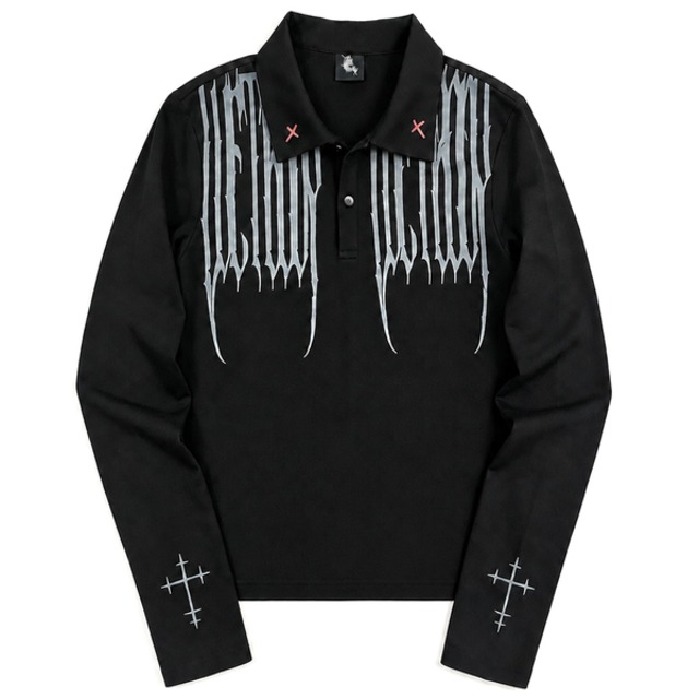ゴシッククロスグラフィック 襟付き長袖Tシャツ（ruf_03333）