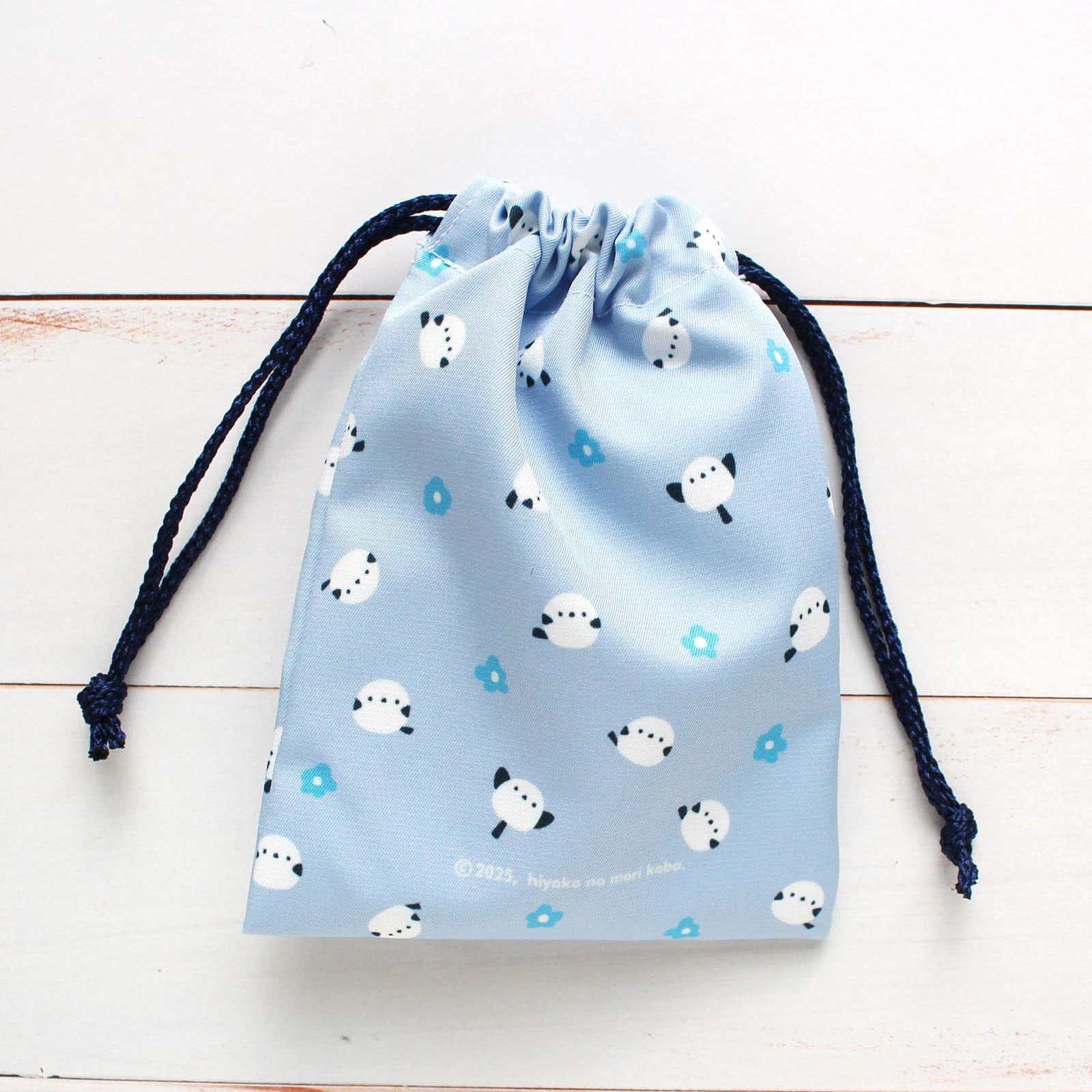 きんちゃく シマエナガ 青い花 | ひよこのもり工房 WebShop