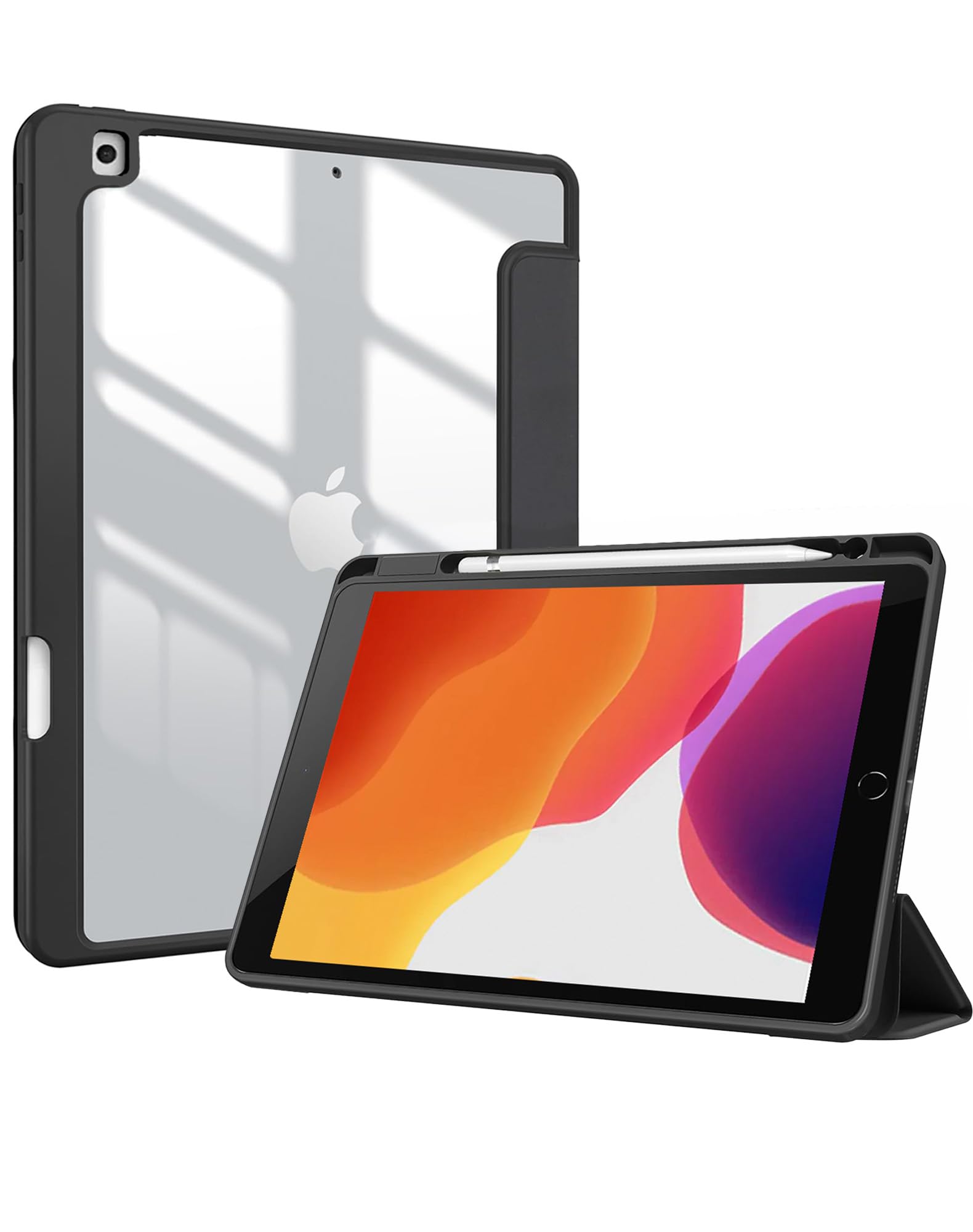 iPad 9世代/8世代/7世代ケース (2021 2020 2019) iPad 10.2" 対応 ペン収納 耐衝撃 三つ折り 透明バックカバー 自動スリープ・ウェイク機能対応