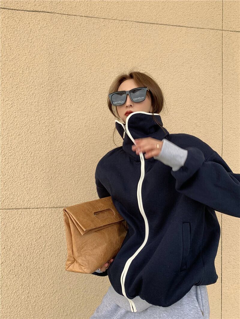 セーター レディースオータムウィンターグレールーズベルベットカーディガンジャケット ジッパースタンドカラーカラートップス 秋物 冬物 ブラックストロベリース42391998424