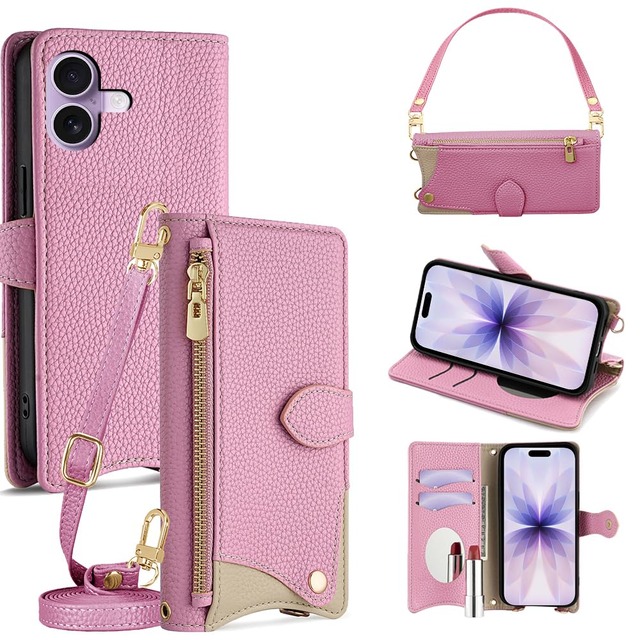 For iPhone 17 ケース 手帳型 ショルダー For アイフォン17 カバー 財布型【 ストラップ 長+短 2本】化粧鏡付き ジッパー小銭入れ カード収納 横置き 耐汚れ PUレザー 防指紋 高耐久性 女性用 贈り物 COCOCLOUD ピンク