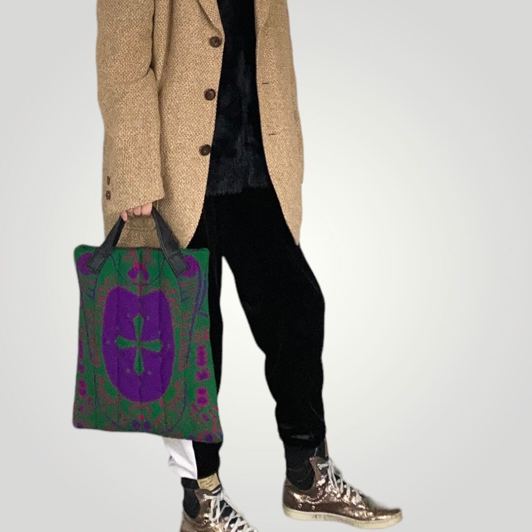 ZOZOTTE knit remake quilting totebag/ニットリメイク キルティングトートバッグ/グリーン系柄