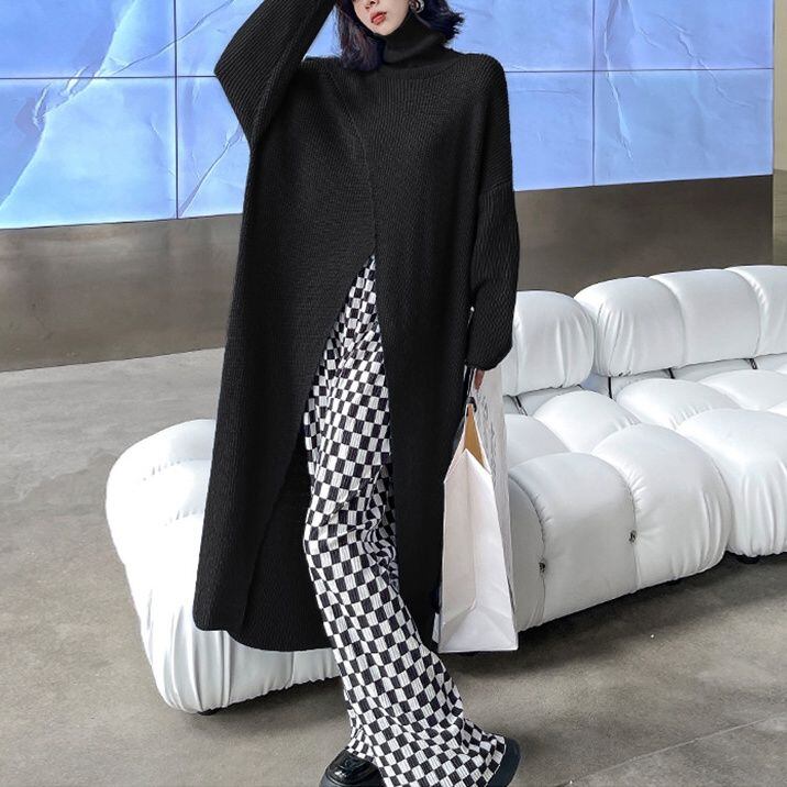 SOLID TURTLE NECK LONGLINE PULLOVER RIB KNIT 2colors M-15288