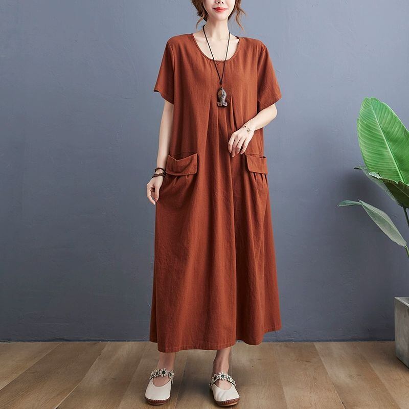 SOLID U-NECK HALF SLEEVES LONG PULLOVER DRESS 2colors M-13784