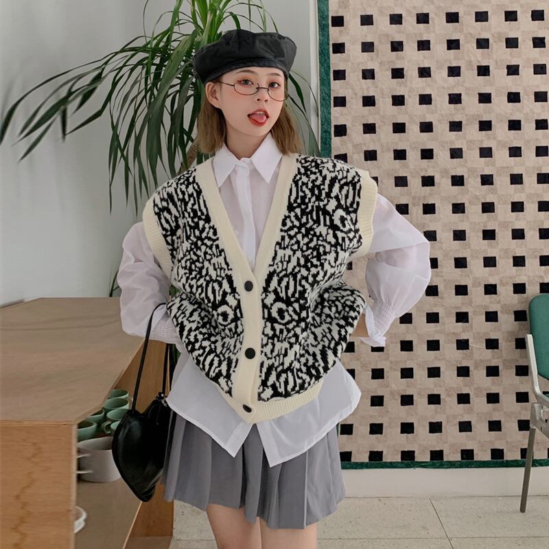 レオパードプリント柄Vネックニットスプリングオータムセーター ノースリーブレッド 春物 秋物 試着室88903864906