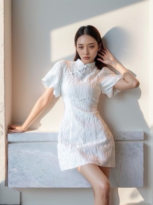Puff Chinese Lady/パフドレス パーティー 結婚式 ミニ ボリューム 襟付き 厚手 大人可愛い 銀ライン 光沢感 白 黒