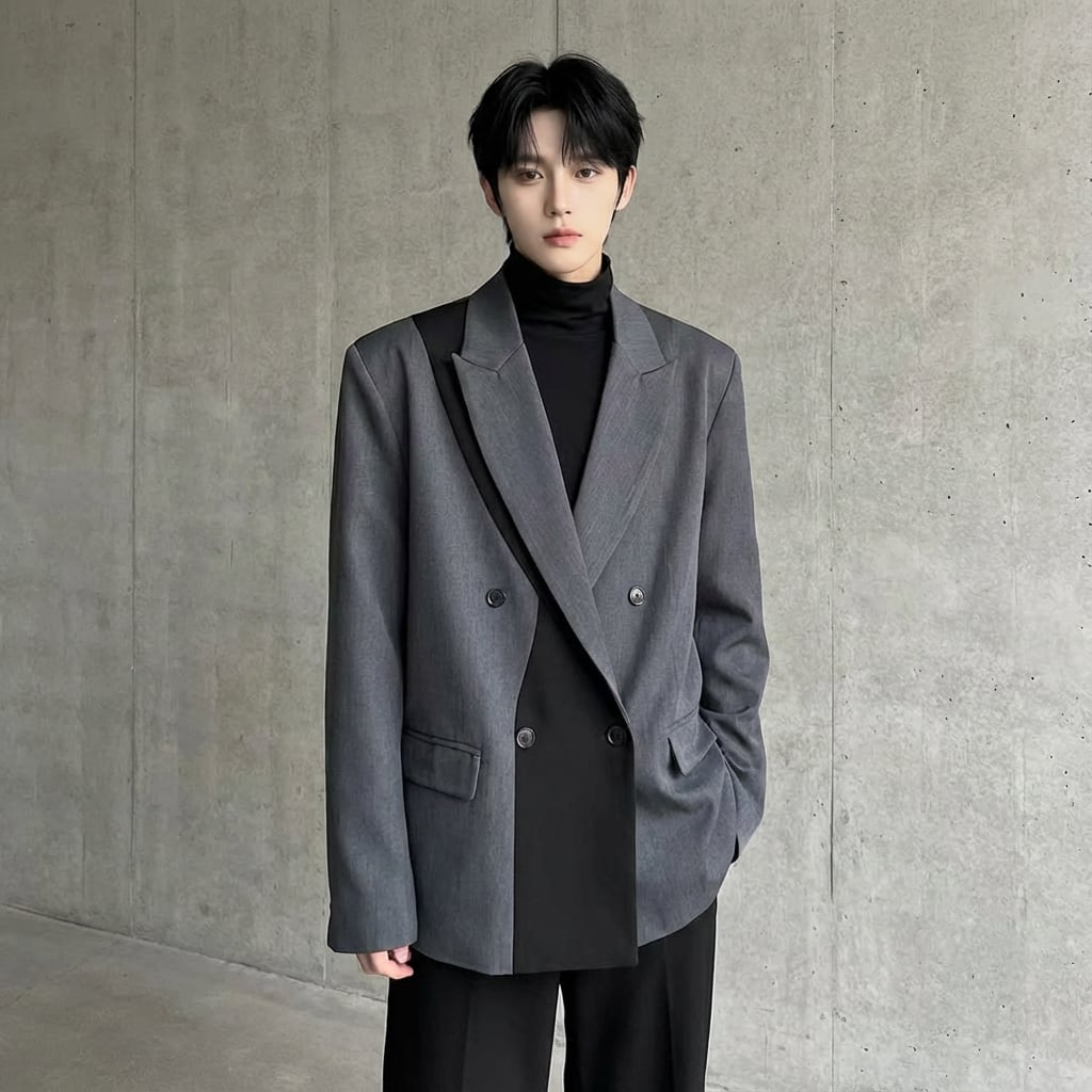 クレイジーパターン ダブルボタンルーズジャケット 2カラー D12083