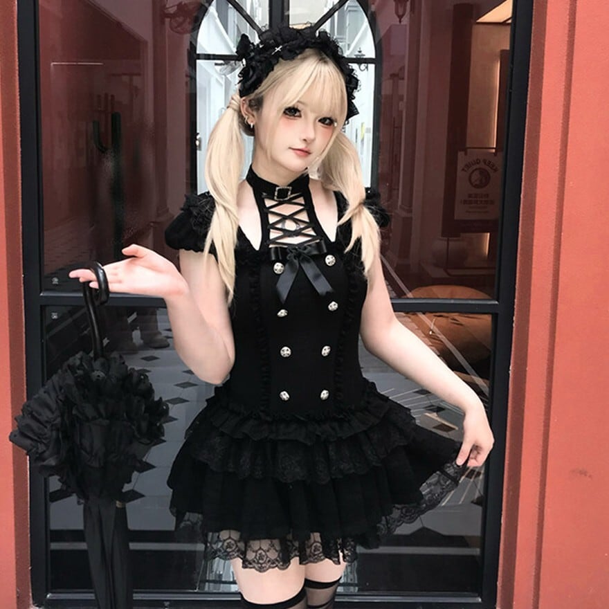 ゴスロリ ドール風ワンピース 十字編み上げ レースフリル ダーク