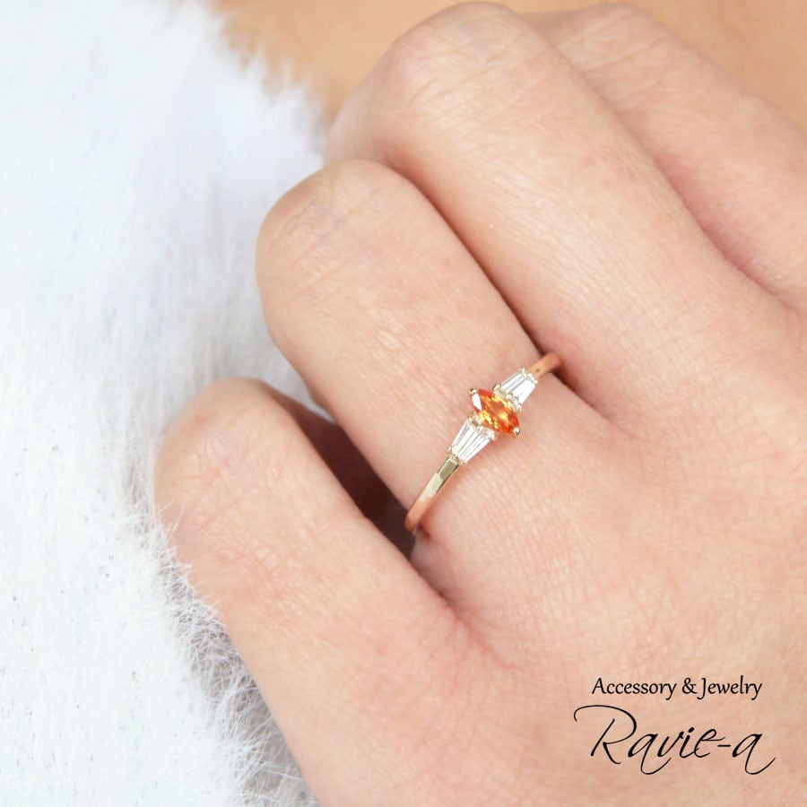 オレンジサファイア 指輪 天然石 ダイヤモンド K10 マーキス 婚約指輪