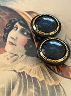 Japanese Vintage ボタン 20mm ブルー系×ブラック×ゴールド カボション グリッター アクセサリーパーツ 装飾材 カルトナージュ