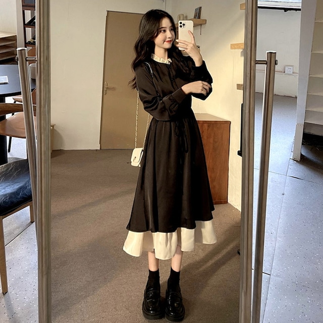 ゴスロリ通販 With U ゴシック ロリィタ ワンピース フェイクツーピース レイヤード ロングスカート セレモニー コーデ 女子会 パーティ 卒業式 イベント 大人増し